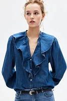 Flounce-Trimmed Denim Blouse