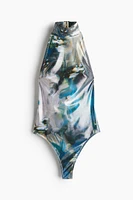 Abstract-Patterned Mock Turtleneck Swimsuit