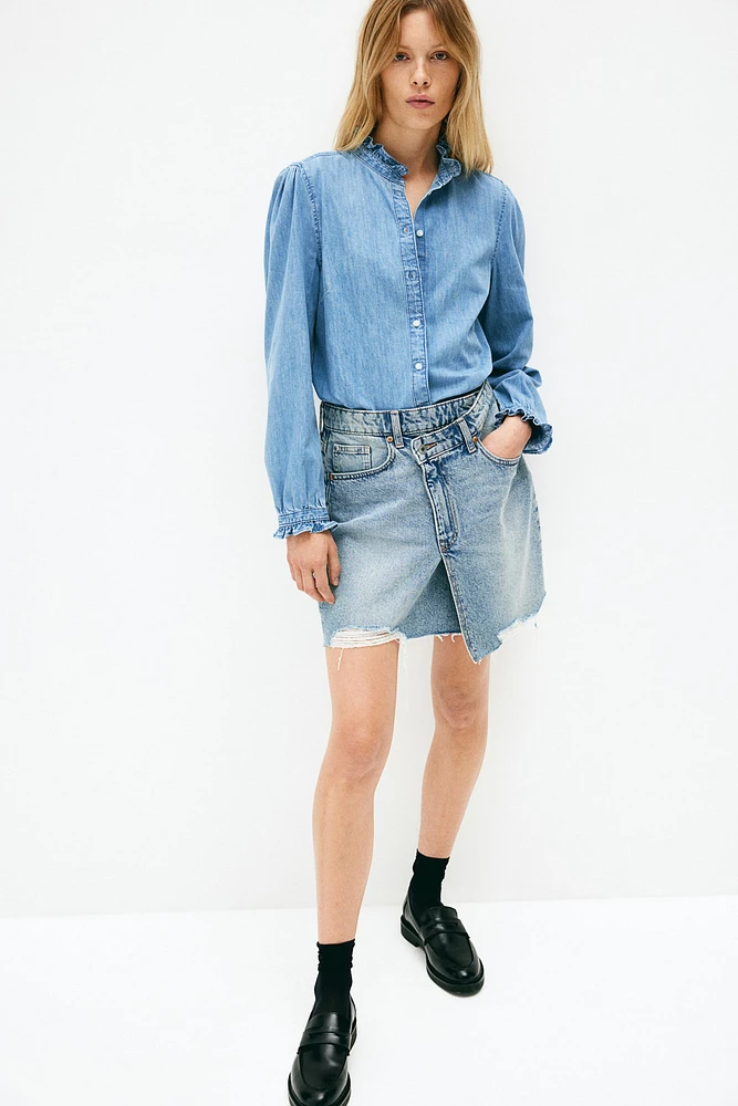 Ruffle-trimmed Denim Blouse