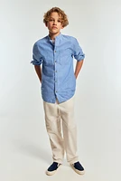 Linen-blend Band Collar Shirt