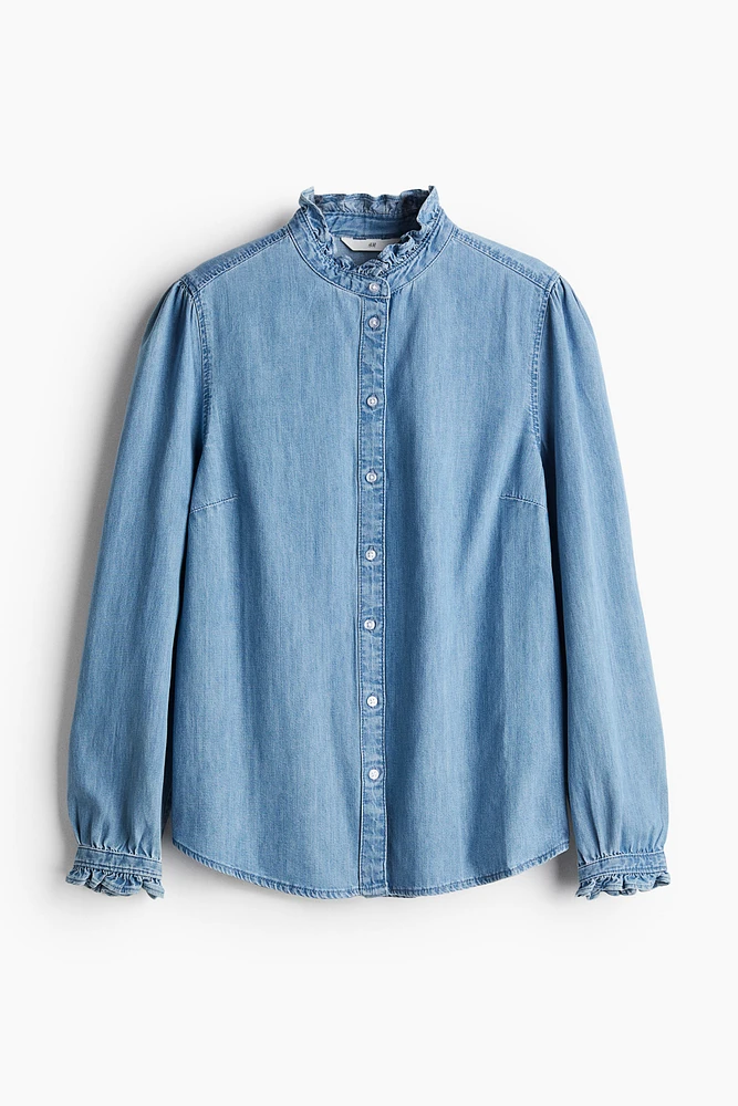 Ruffle-trimmed Denim Blouse