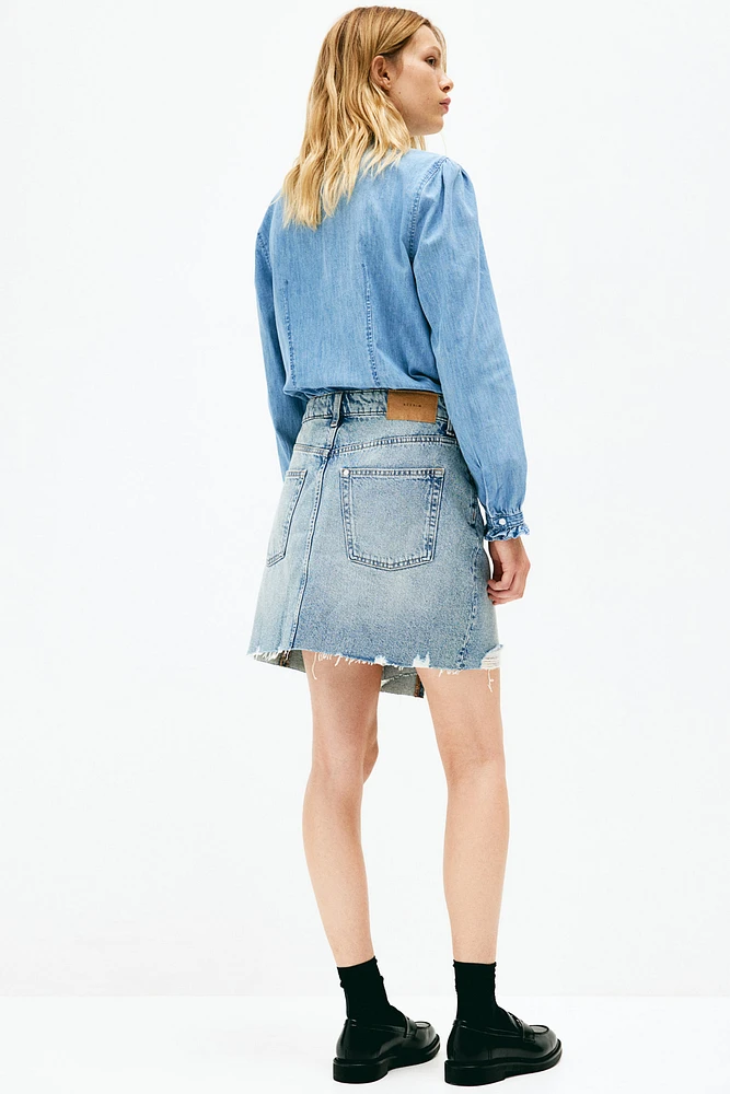 Ruffle-trimmed Denim Blouse