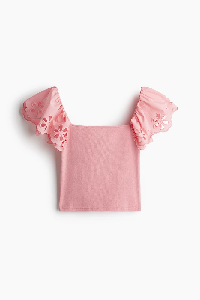 Ribbed Top with Eyelet Embroidered Detail