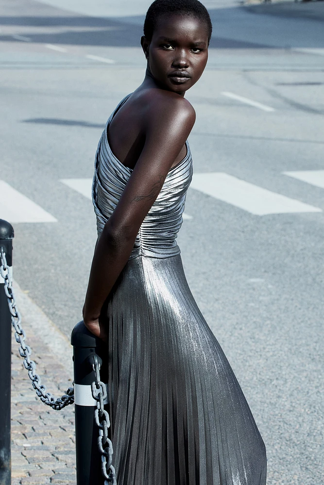 Metallic-coated One-shoulder Dress