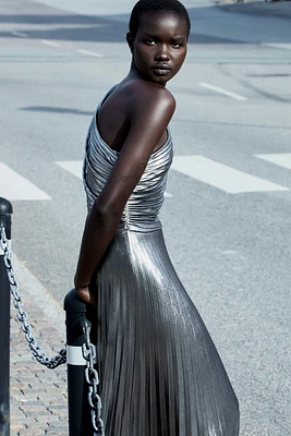 Metallic-coated One-shoulder Dress