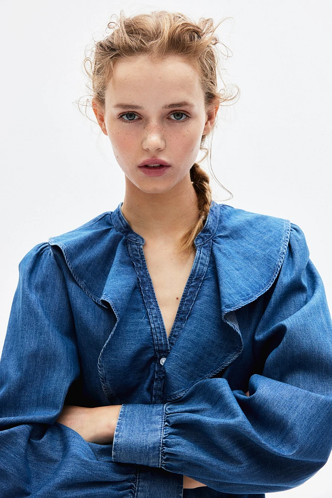 Flounce-Trimmed Denim Blouse