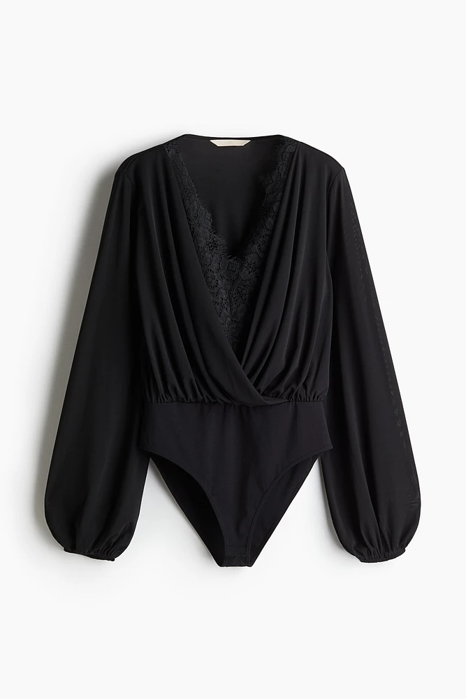 Draped Lace-Trimmed Bodysuit