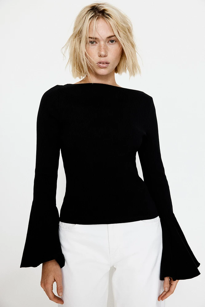 Trumpet-Sleeved Ribbed Top