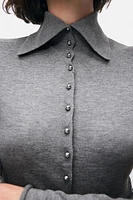 Wool-Blend Button-Front Knit Top