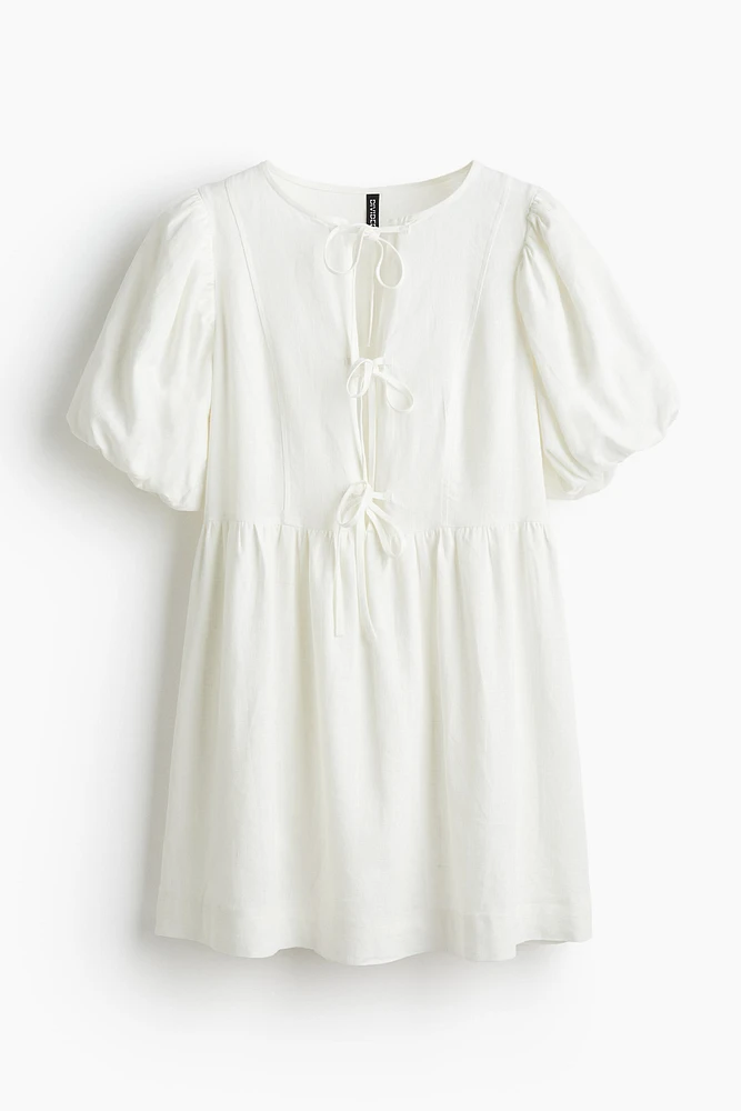 Linen-blend Puff-sleeved Dress