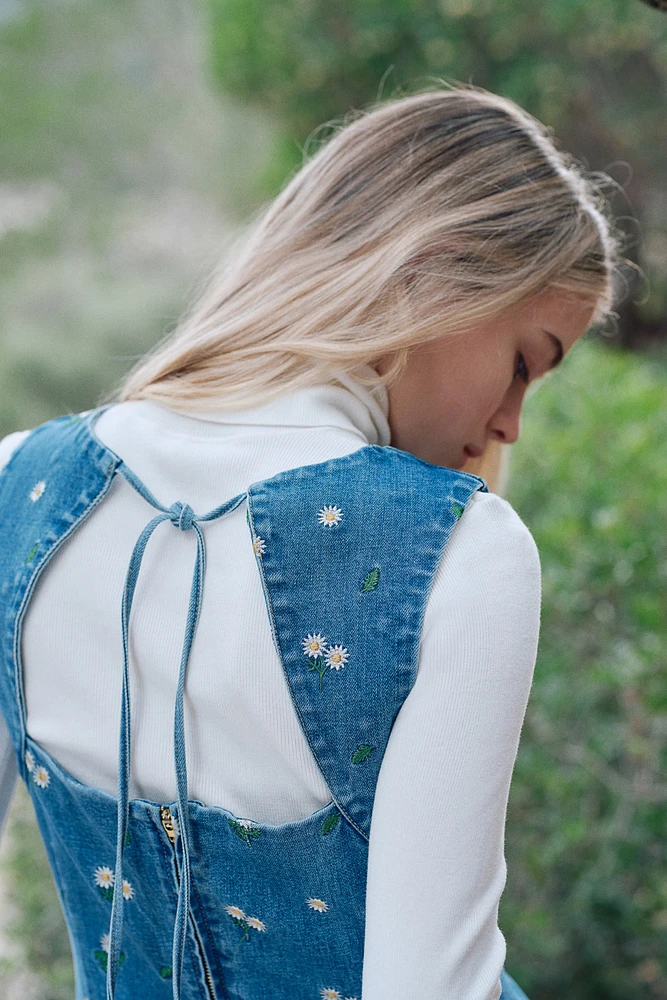 Embroidered Open-Back Denim Dress