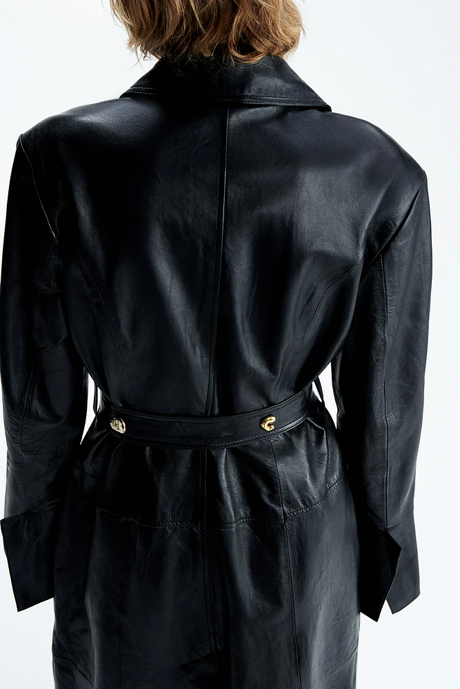 Statement-Button Leather Coat