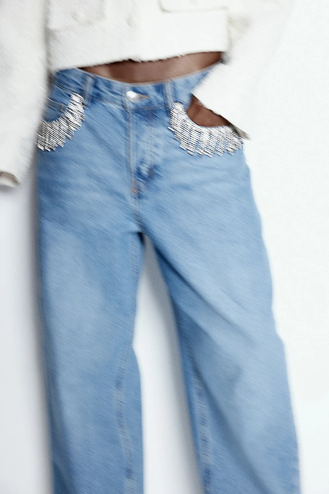 Wide Rhinestone-Decorated Jeans