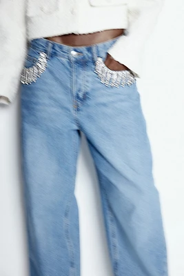 Wide Rhinestone-Decorated Jeans