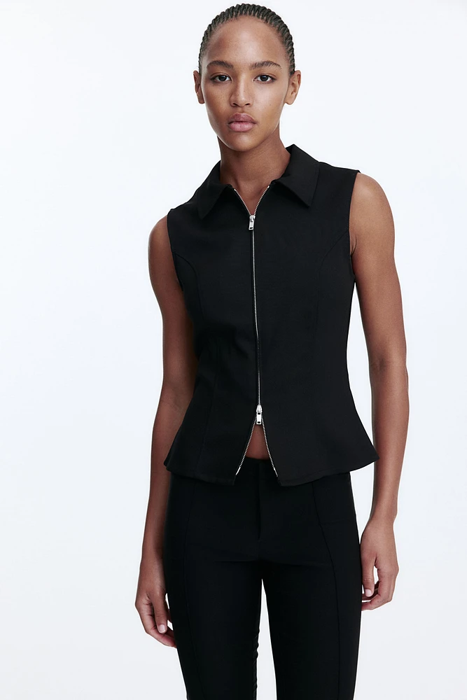 Zip-Front Sleeveless Top with Collar