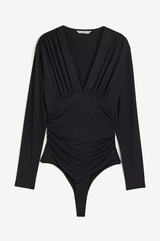 Draped V-neck Thong Bodysuit