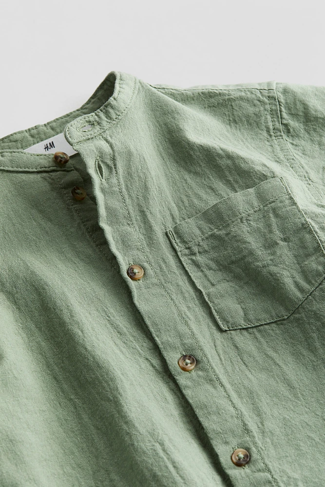 Linen-blend Band Collar Shirt