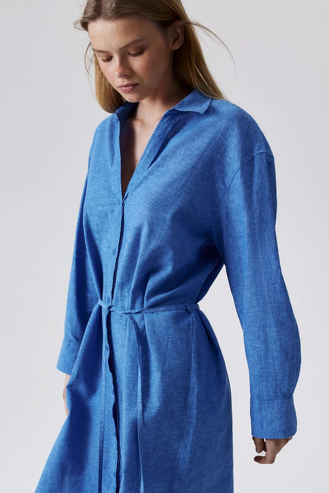chinese dress ladies H&M Blue Linen-blend Shirt Dress With Belt UK M