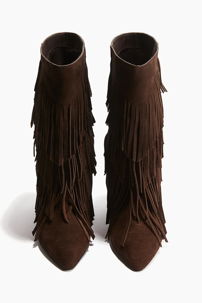 Fringe-Trimmed Suede Boots