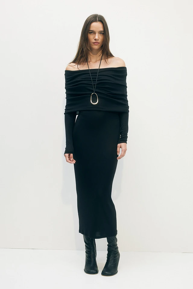 ladies h&m foldover-edge off-the-shoulder dress product info and reviews H&M Off-the-Shoulder Dress with Foldover Edge