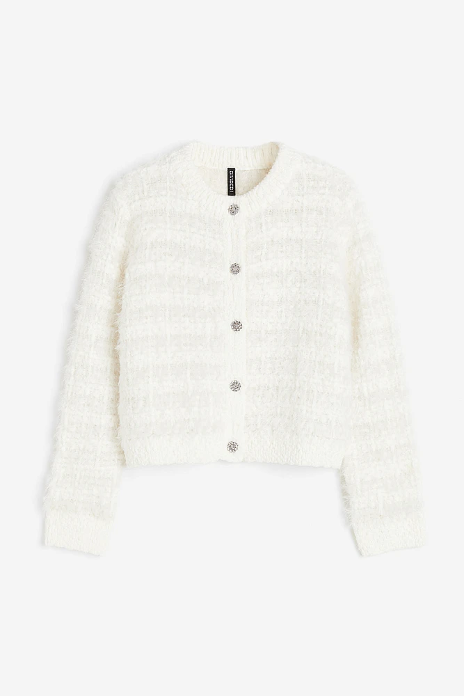 Rhinestone-button Fluffy-knit Cardigan