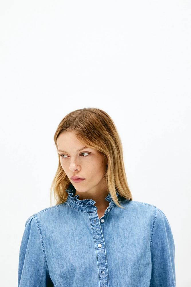 Ruffle-trimmed Denim Blouse