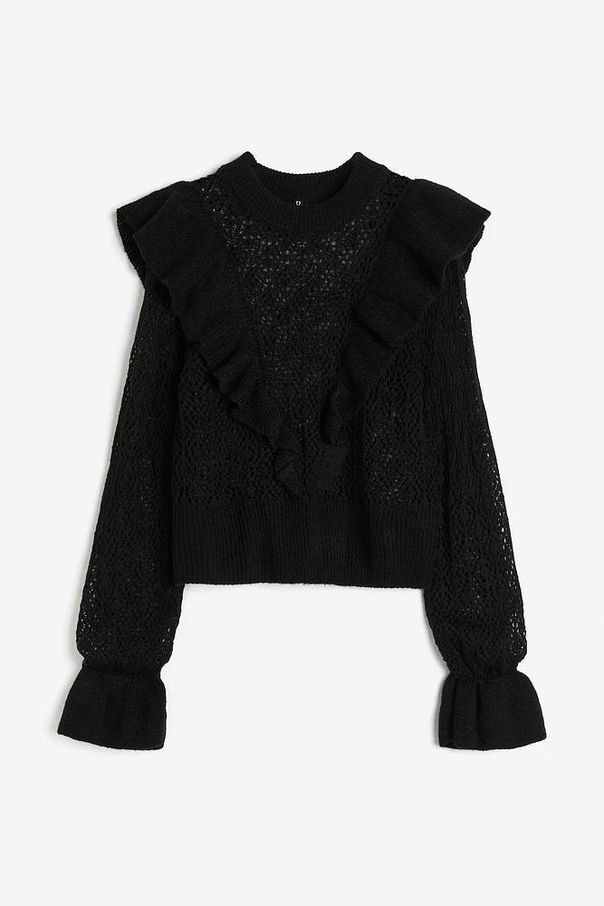 Ruffle-trimmed Pointelle-knit Sweater