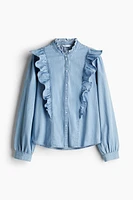 Ruffle-Trimmed Denim Blouse