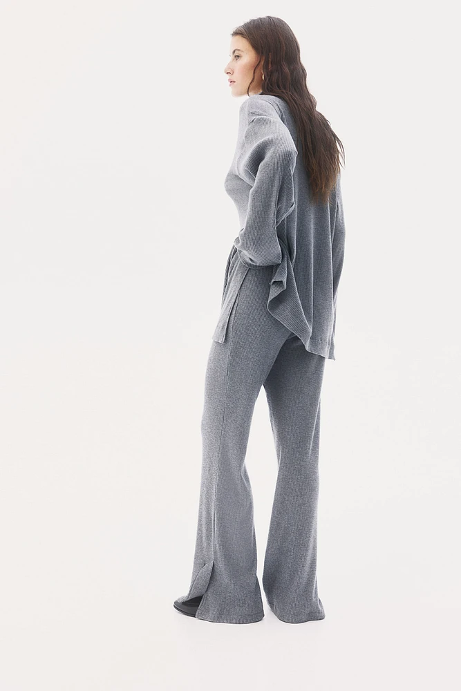 Ribbed Slit-Hem Pants