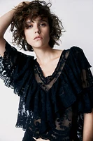 Flounce-Trimmed Lace Blouse