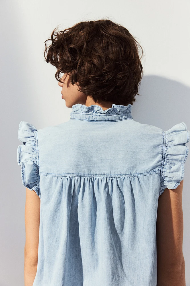 Flutter-sleeved Denim Blouse