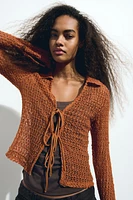 Tie-Front Hole-Knit Top