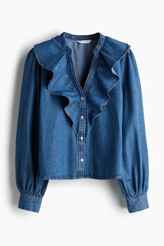 Flounce-Trimmed Denim Blouse