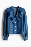 Flounce-Trimmed Denim Blouse