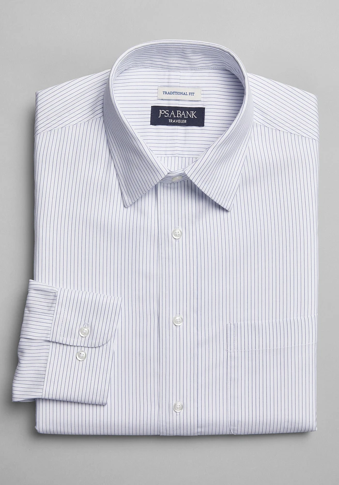 Traveler Collection Traditional Fit Point Collar Stripe Dress Shirt