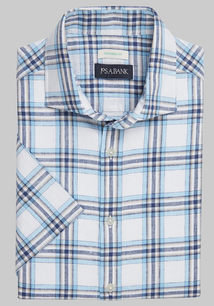 Jos. A. Bank Tailored Fit Plaid Linen Blend Short-Sleeve Sportshirt