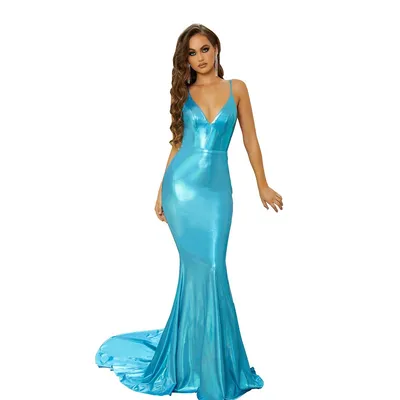 Ps21283 V-neck Wet Look Stretch Gown
