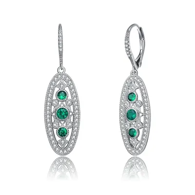 Sterling Silver White Gold Plated With Colored Cubic Zirconia Oval Drop Earrings