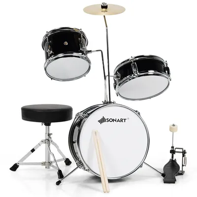 13 Inch 3-piece Kids Junior Beginner Drum Set W/tom Snare Bass Drum Black