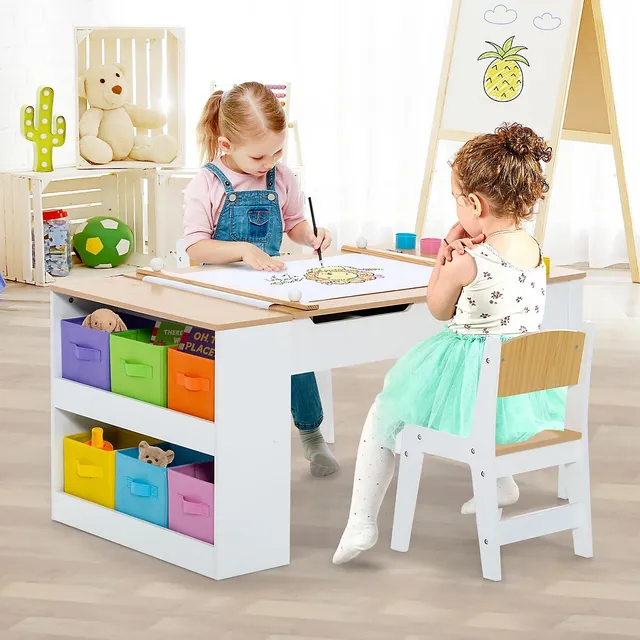 2-in-1 Kids Wooden Art Table and Art Easel Set with Chairs Storage Bins  Paper Roll