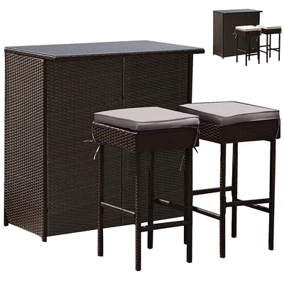 Patio 3pcs Rattan Bar Table Stool Set Cushioned Chairs With Gray & Off White Cover