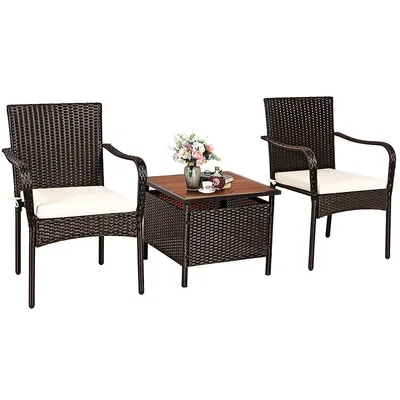 3pcs Patio Rattan Furniture Bistro Set Wood Side Table Stackable Chair