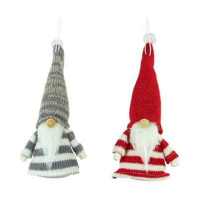 Set Of 2 Red And Gray Striped Gnome Plush Christmas Ornaments 6.25"