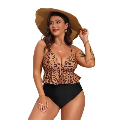 Women's Jungle Cheetah Ruffled Tankini & High Waist Plus Bikini Set