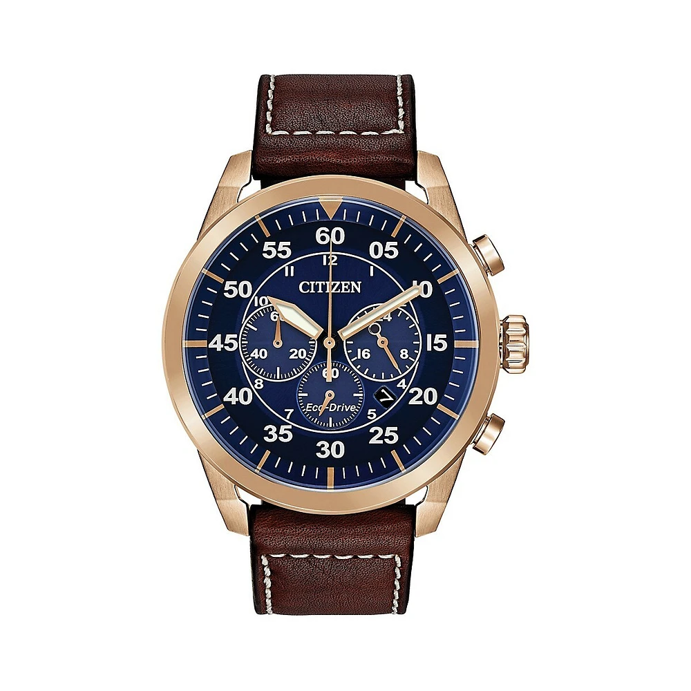 Avion Eco-Drive Leather Rose Goldtone Watch