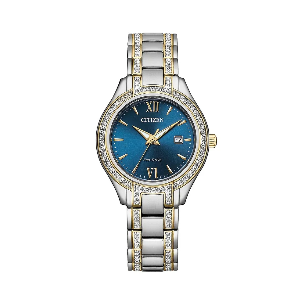 Silhouette Crystal Two-Tone Stainless Steel Navy Dial Eco-Drive Bracelet Watch FE1234-50L