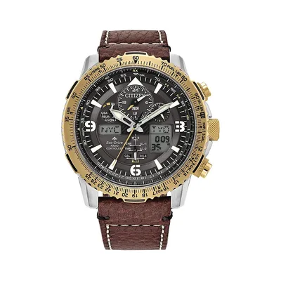 Montre en acier inoxydable deux tons avec bracelet en cuir et système Eco-Drive radioguidé Promaster Skyhawk JY8084-09H