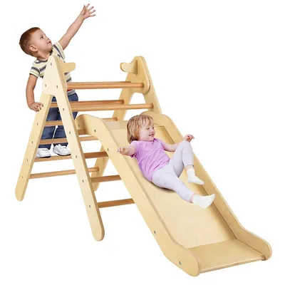 2-in-1 Wooden Climbing Triangle Set Triangle Climber W/ Ramp Natural