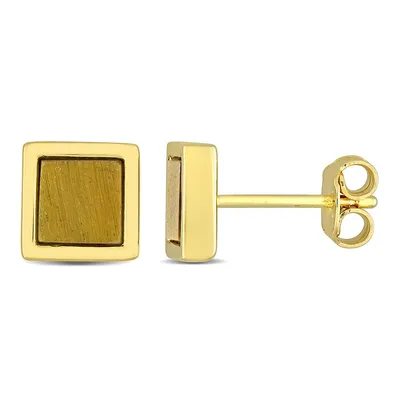 1 Ct Tgw Tiger Eye Square Stud Earrings In Yellow Plated Sterling Silver