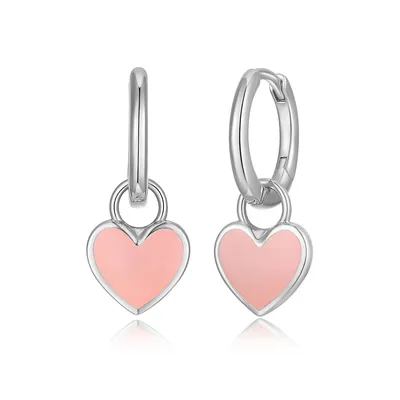 Sterling Silver 3-in-1 Pink Enamel Heart Charm Huggie Earrings